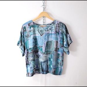 vintage 80s 90s blue print rayon tee S top retro